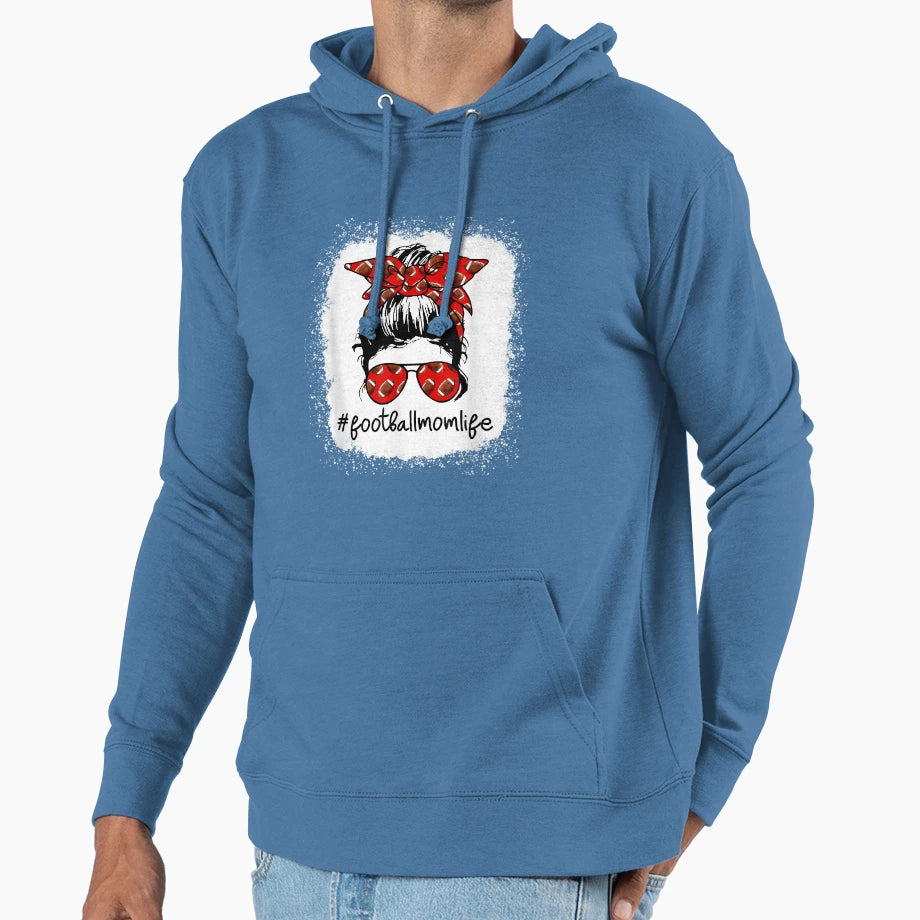 Bleached Football Mom Life Messy Bun Hoodie - Unique Graphic Men Women - T-Shirt, Sweatshirt, Hoodie