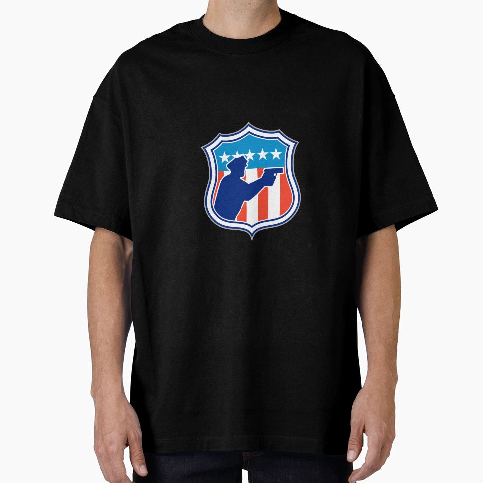 Policeman Silhouette Gun Flag Shield T-Shirt - Novelty Apparel Unisex - T-Shirt, Sweatshirt, Hoodie