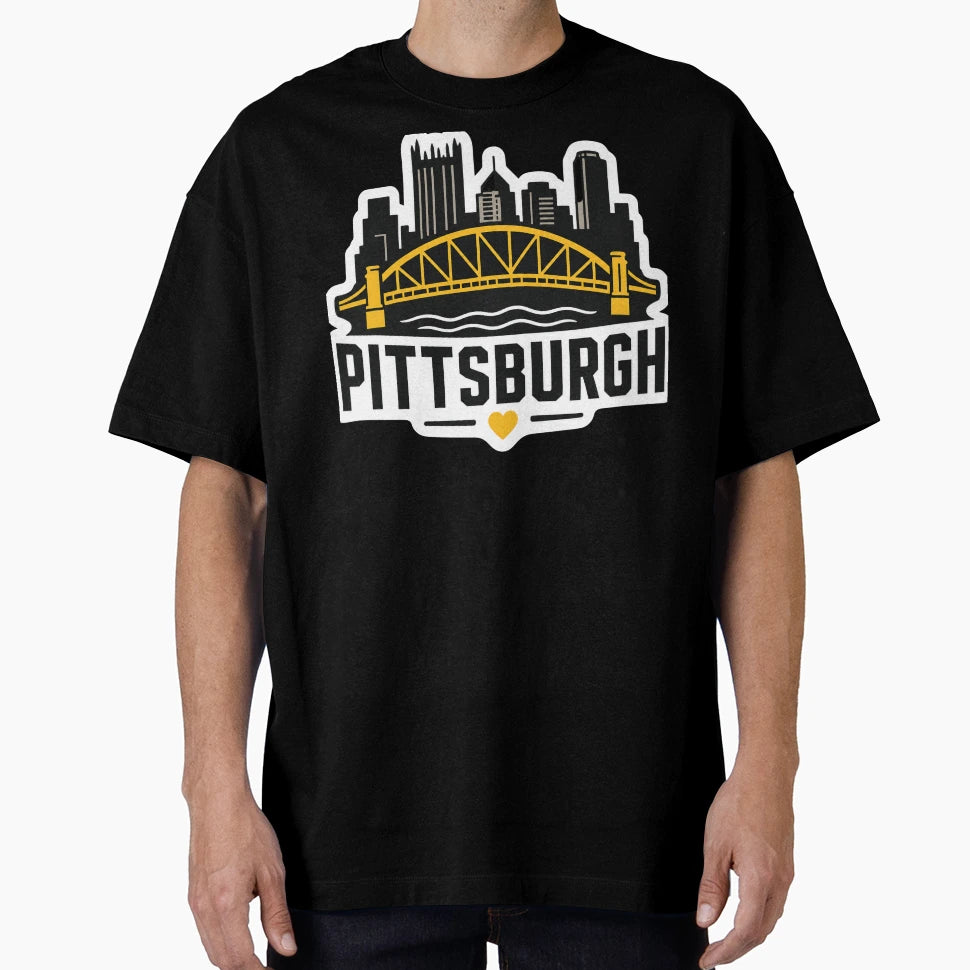Pittsburgh Skyline Bridge Black Gold T-Shirt - Custom Art Print Unisex - T-Shirt, Sweatshirt, Hoodie
