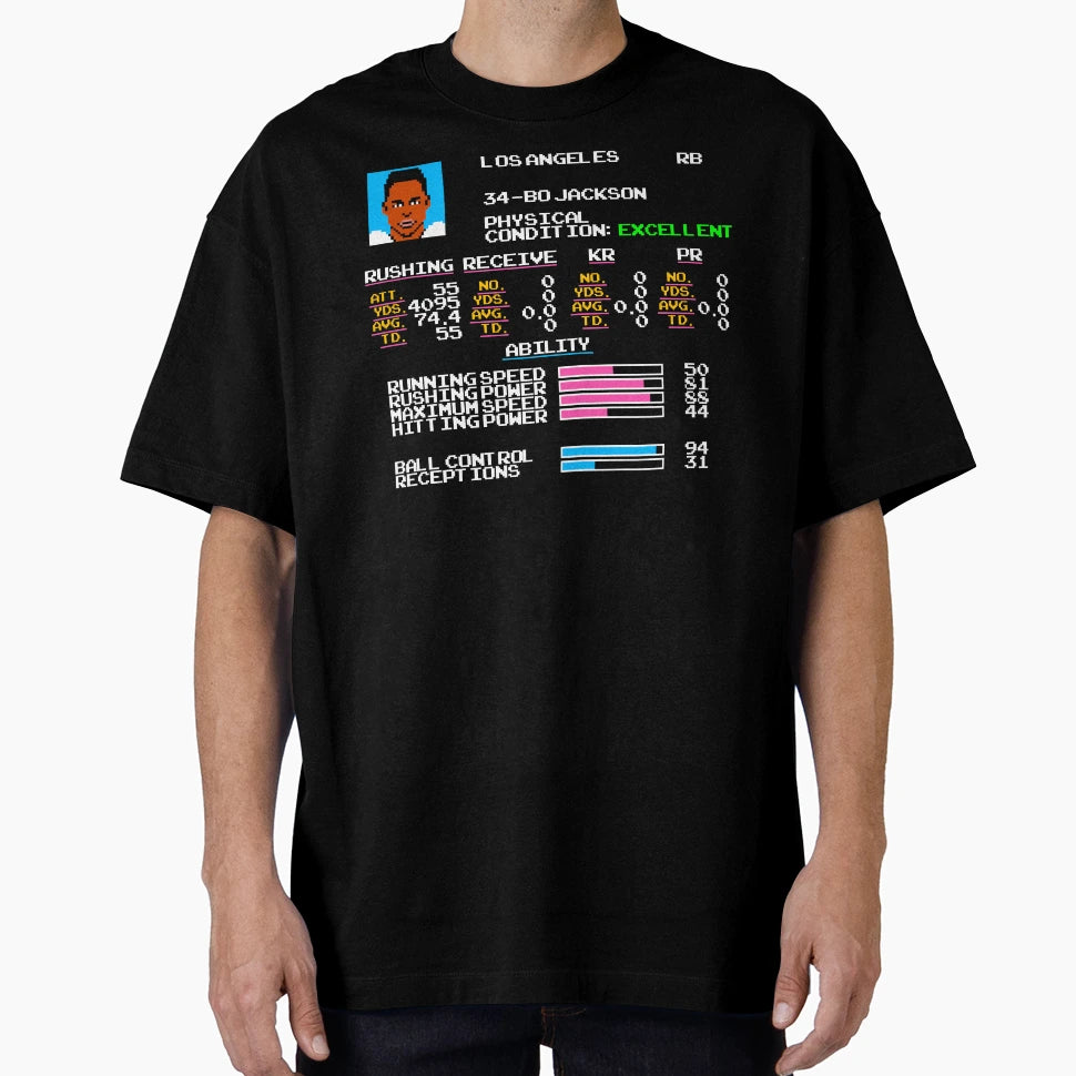 Bo Jackson Football Video Game Stats T-Shirt - Novelty Apparel for Adults - T-Shirt, Sweatshirt, Hoodie
