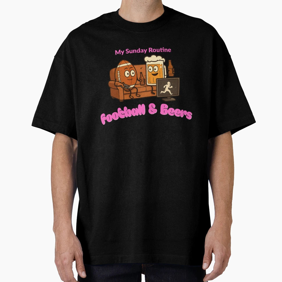 Sunday Routine Football And Beers Cartoon T-Shirt - Minimalist Print Unisex - T-Shirt, Sweatshirt, Hoodie