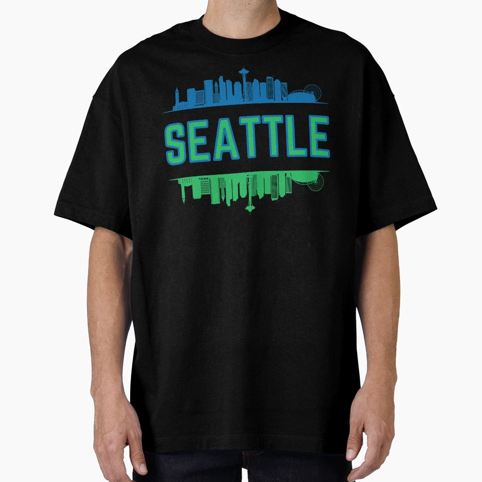 Blue And Green Seattle Skyline T-Shirt - Aesthetic Graphic Unisex - T-Shirt, Sweatshirt, Hoodie