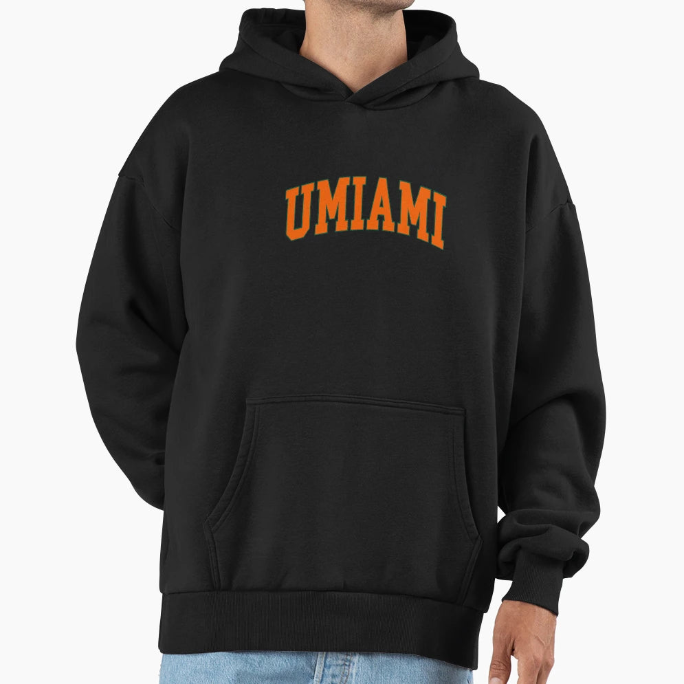 Umiami Varsity Font Curved Hoodie - Custom Art Print for Adults - T-Shirt, Sweatshirt, Hoodie