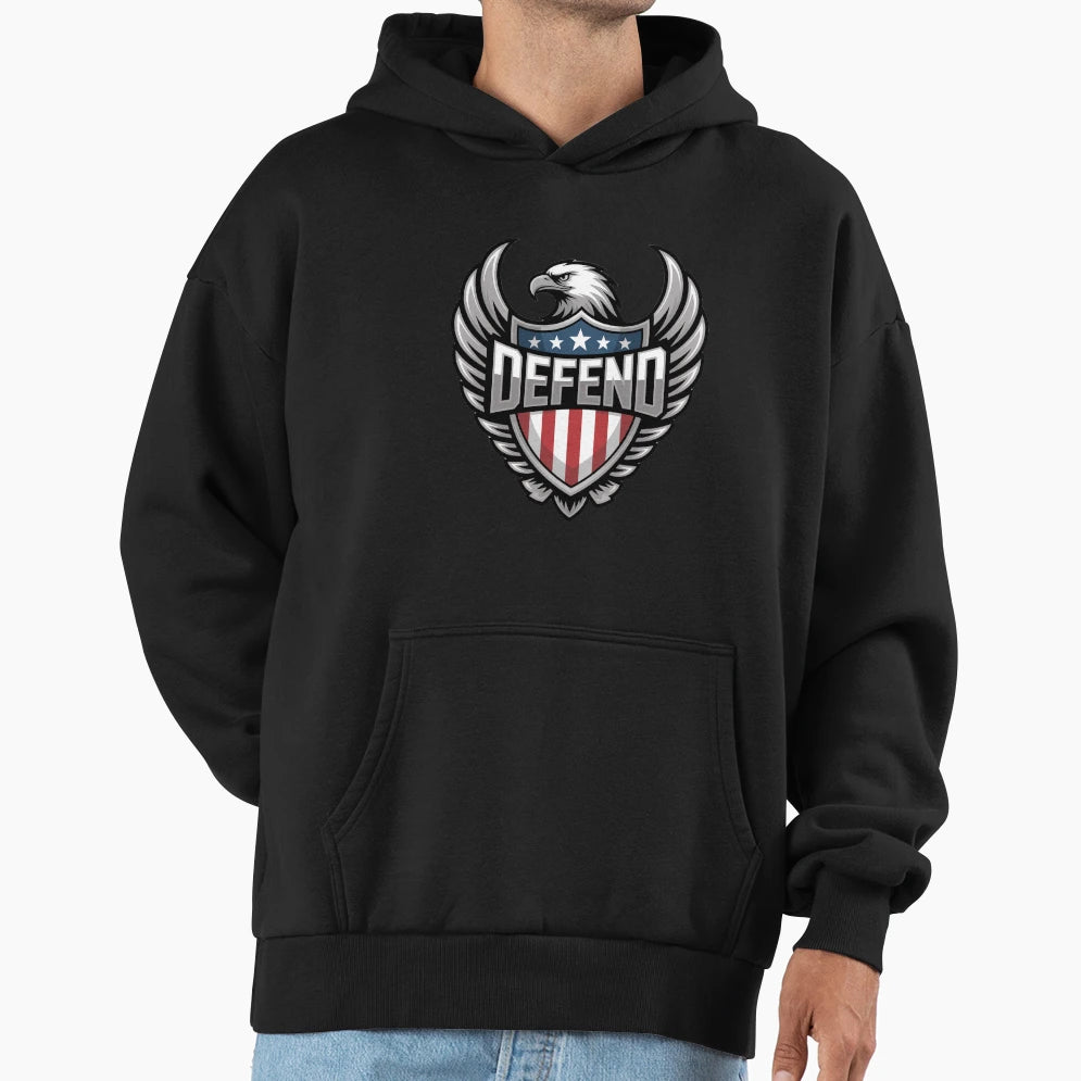 Chrome Eagle Defend Shield Emblem Hoodie - Aesthetic Graphic for Adults - T-Shirt, Sweatshirt, Hoodie