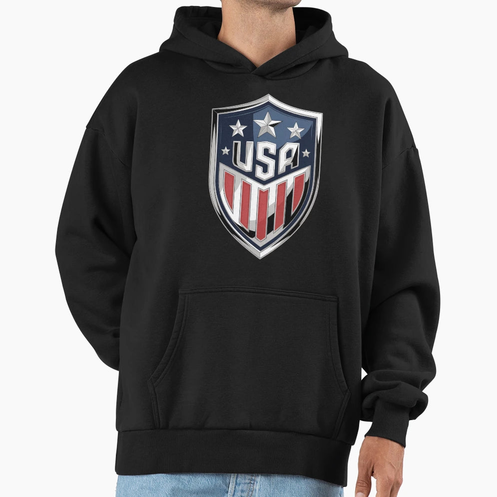Usa Chrome Shield Emblem Patriotic Hoodie - Minimalist Print Unisex - T-Shirt, Sweatshirt, Hoodie