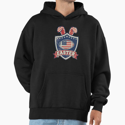 Patriotic Easter Football Bunny Shield Hoodie - Graphic Print Unisex - T-Shirt, Sweatshirt, Hoodie
