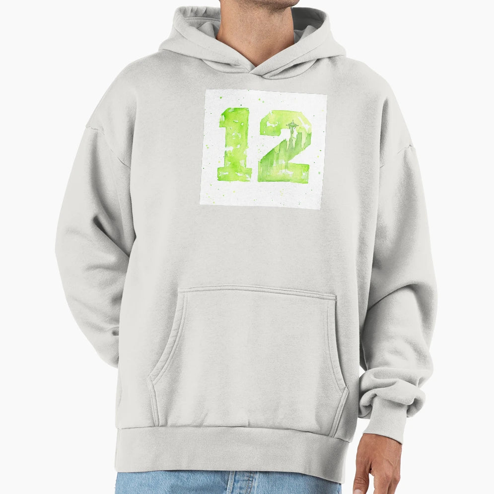 12Th Art Seattle Watercolor Space Needle Hoodie - Unique Graphic Men Women - T-Shirt, Sweatshirt, Hoodie
