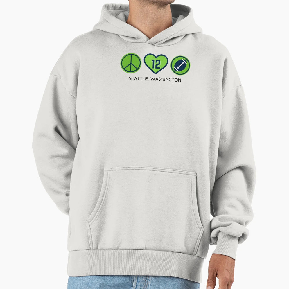 Peace Love Football Seahawks Hoodie - Unique Graphic Men Women - T-Shirt, Sweatshirt, Hoodie