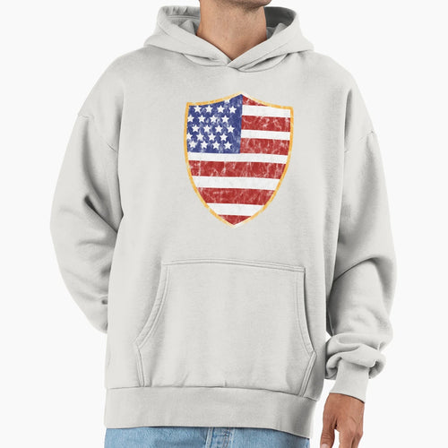 American Flag Shield Shape Washed Hoodie - Casual Everyday Wear Men Women - T-Shirt, Sweatshirt, Hoodie