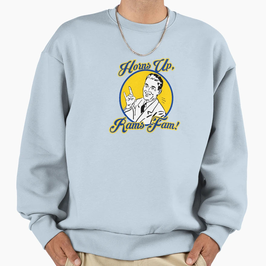 Horns Up Rams Fam Sweatshirt - Custom Art Print for Adults - T-Shirt, Sweatshirt, Hoodie