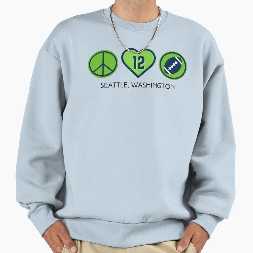 Peace Love Football Seahawks Sweatshirt - Minimalist Print for Adults - T-Shirt, Sweatshirt, Hoodie