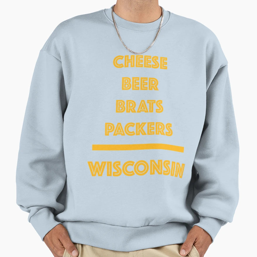 Cheese Beer Brats Packers Wisconsin Sweatshirt - Graphic Print for Adults - T-Shirt, Sweatshirt, Hoodie