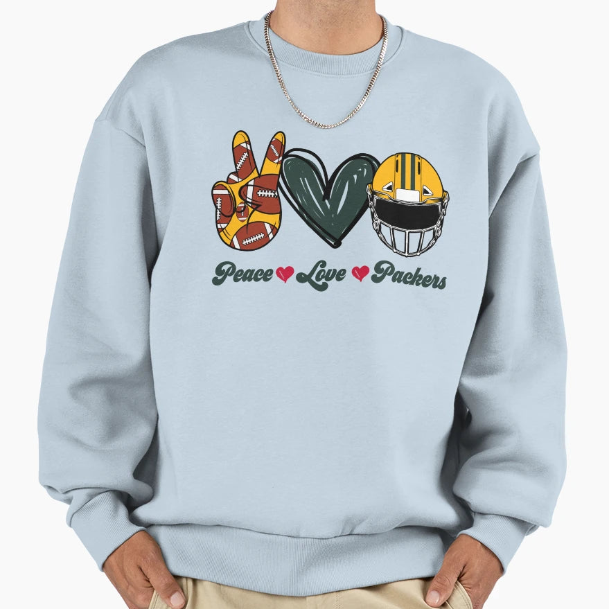 Peace Love Packers Football Team Sweatshirt - Unique Graphic Men Women - T-Shirt, Sweatshirt, Hoodie