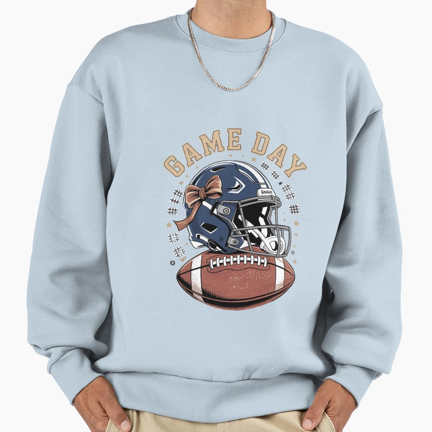 Football Mom Blue Coquette Bow Game Day Sweatshirt - Trendy Graphic Unisex - T-Shirt, Sweatshirt, Hoodie