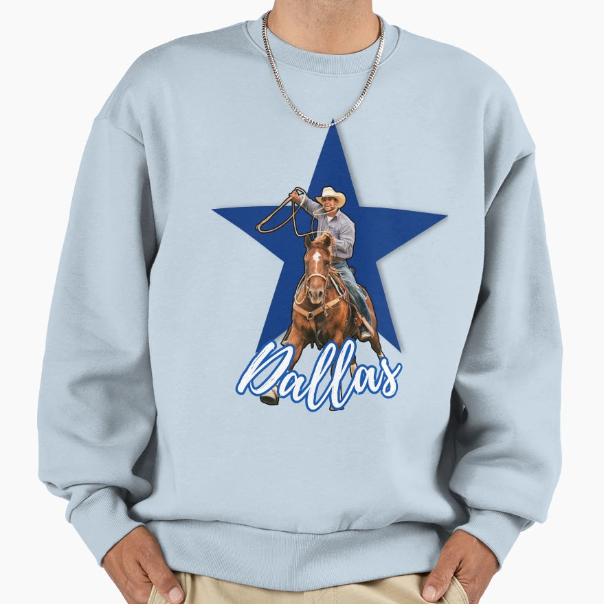 Cowboy Horse Between Blue Star Sweatshirt - Fun Novelty Design for Adults - T-Shirt, Sweatshirt, Hoodie