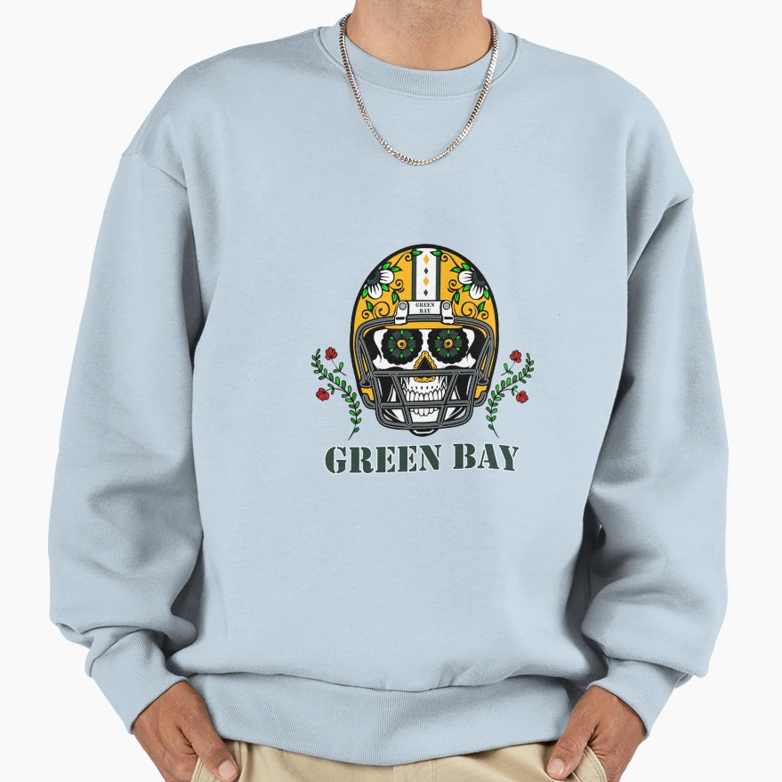 Green Bay Football Helmet Sugar Skull Sweatshirt - Trendy Graphic Unisex - T-Shirt, Sweatshirt, Hoodie