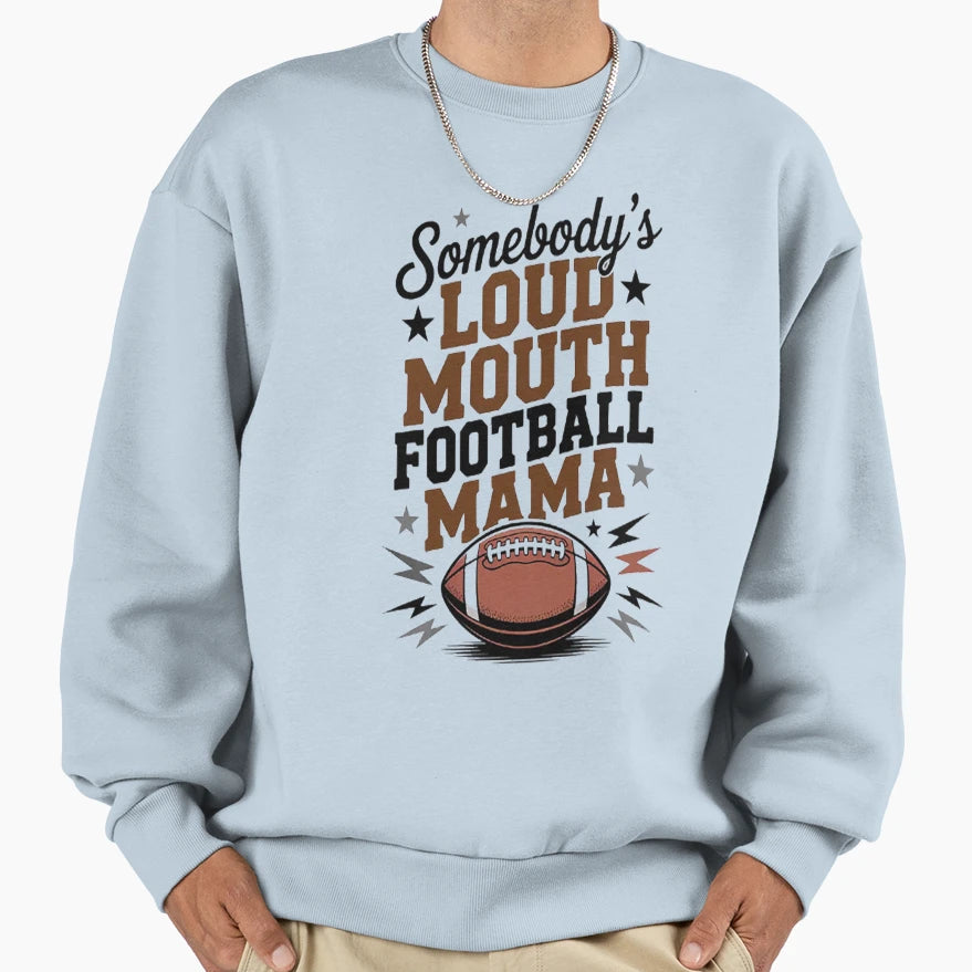 Somebodys Loudmouth Football Mama Groovy Sweatshirt - Graphic Print Unisex - T-Shirt, Sweatshirt, Hoodie