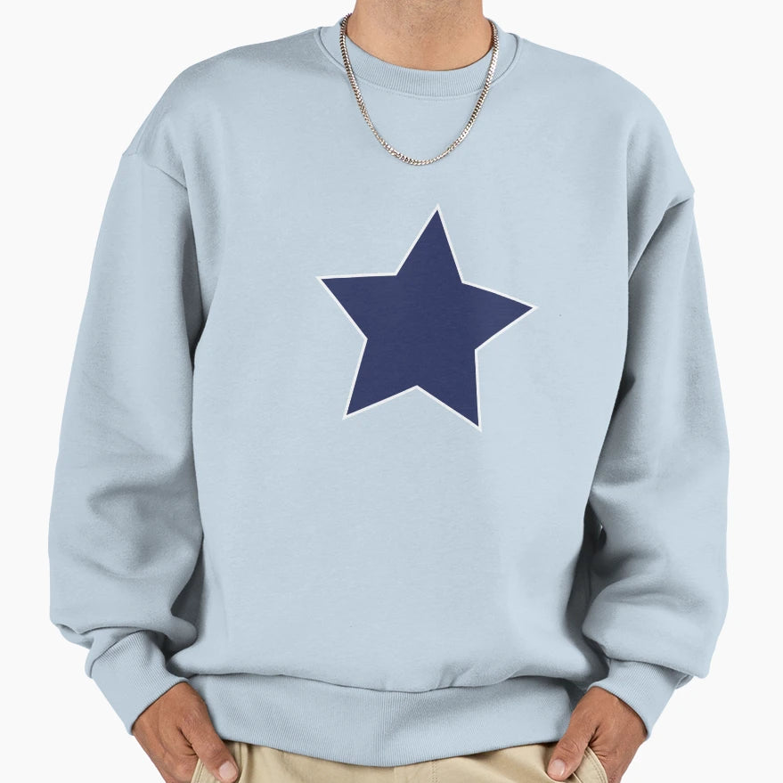 Blue Star White Outline Minimal Blue Sweatshirt - Unique Graphic Unisex - T-Shirt, Sweatshirt, Hoodie