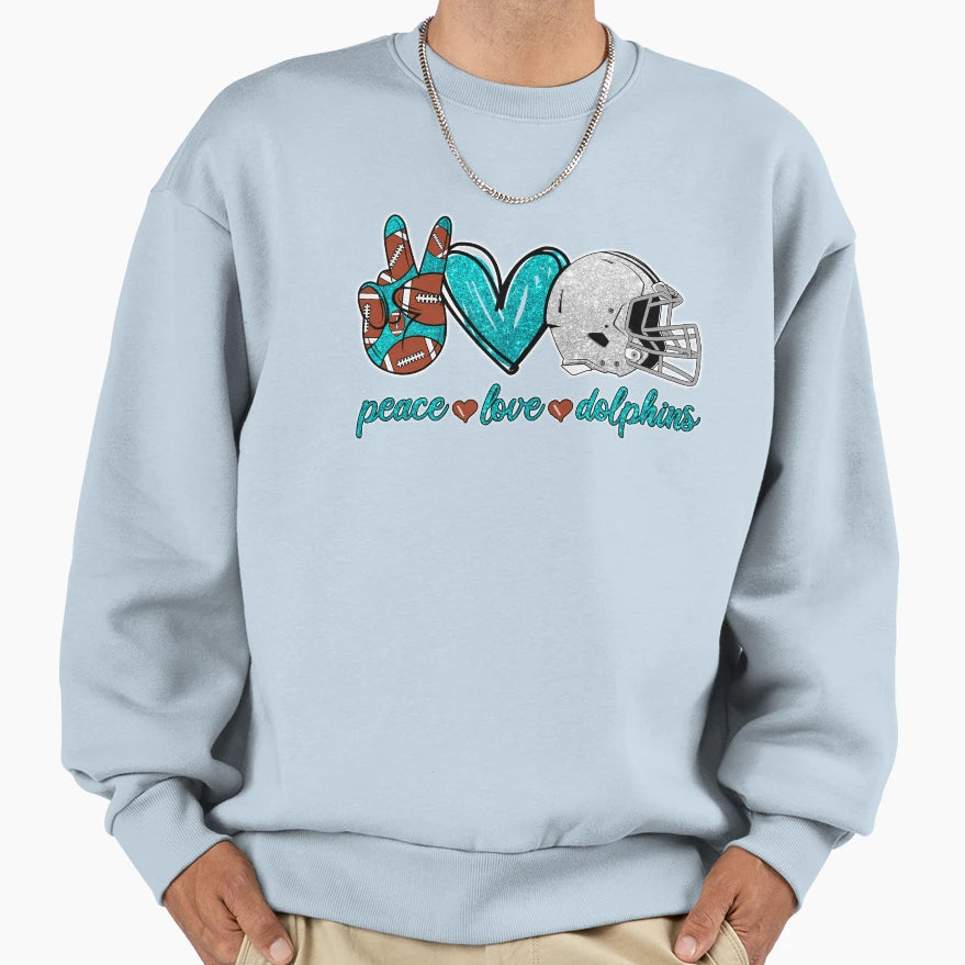 Peace Love Dolphins Football Team Sweatshirt - Minimalist Print for Adults - T-Shirt, Sweatshirt, Hoodie