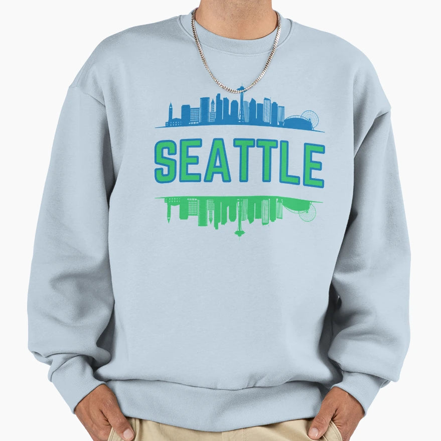 Blue And Green Seattle Skyline Sweatshirt - Unique Graphic Unisex - T-Shirt, Sweatshirt, Hoodie