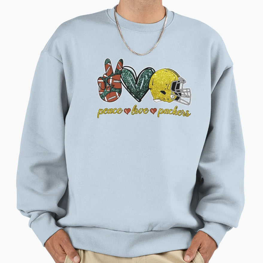 Peace Love Packers Football Team Sweatshirt - Novelty Apparel for Adults - T-Shirt, Sweatshirt, Hoodie