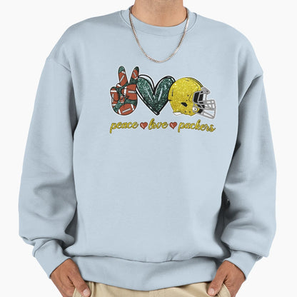 Peace Love Packers Football Team Sweatshirt - Novelty Apparel for Adults - T-Shirt, Sweatshirt, Hoodie