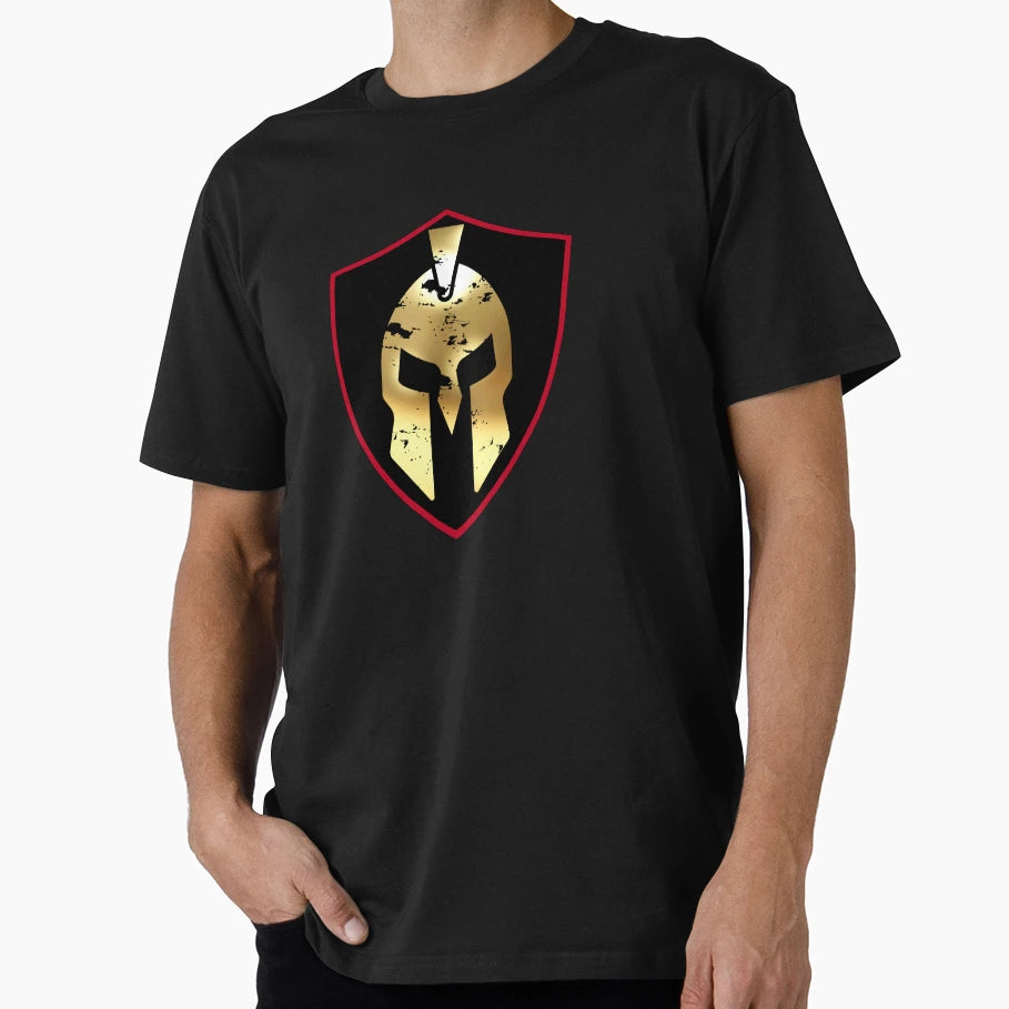 Gold Spartan Helmet Black Gold Shield T-Shirt - Graphic Print Unisex - T-Shirt, Sweatshirt, Hoodie