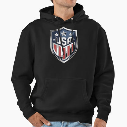 Usa Chrome Shield Emblem Patriotic Hoodie - Aesthetic Graphic for Adults - T-Shirt, Sweatshirt, Hoodie
