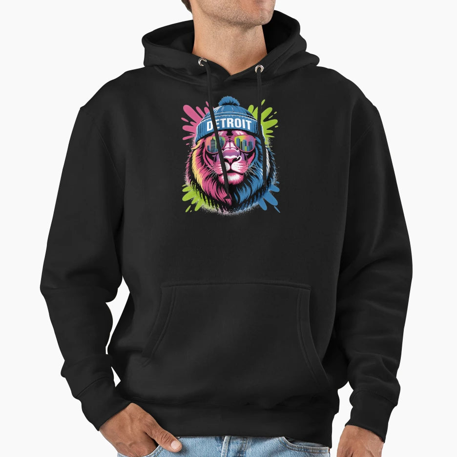 Detroit Lion Urban Neon Streetwear Hoodie - Aesthetic Graphic Men Women - T-Shirt, Sweatshirt, Hoodie