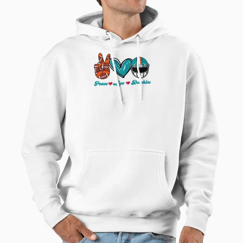 Peace Love Dolphins Football Team Hoodie - Streetwear Style Unisex - T-Shirt, Sweatshirt, Hoodie