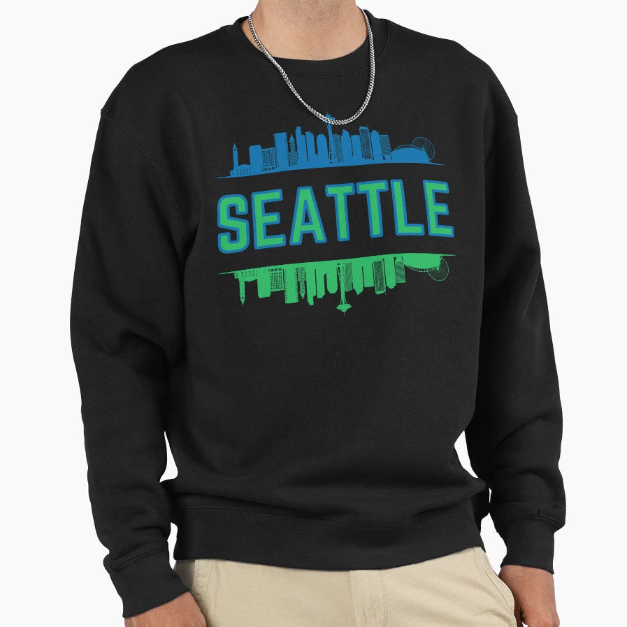 Blue And Green Seattle Skyline Sweatshirt - Fun Novelty Design Unisex - T-Shirt, Sweatshirt, Hoodie