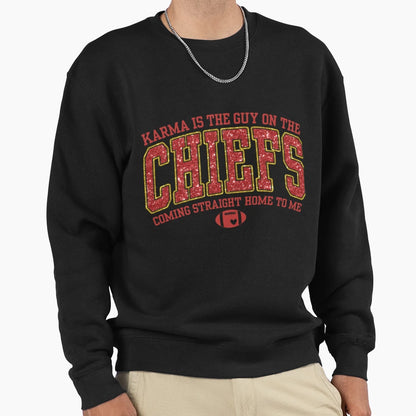 Karma Is Guy Chiefs Glitter Sweatshirt - Novelty Apparel for Adults - T-Shirt, Sweatshirt, Hoodie