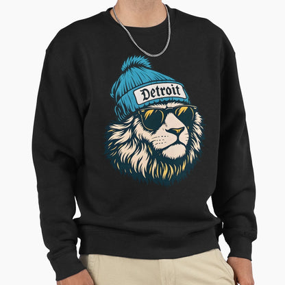 Hipster Lion Sunglasses And Detroit Sweatshirt - Custom Art Print Unisex - T-Shirt, Sweatshirt, Hoodie