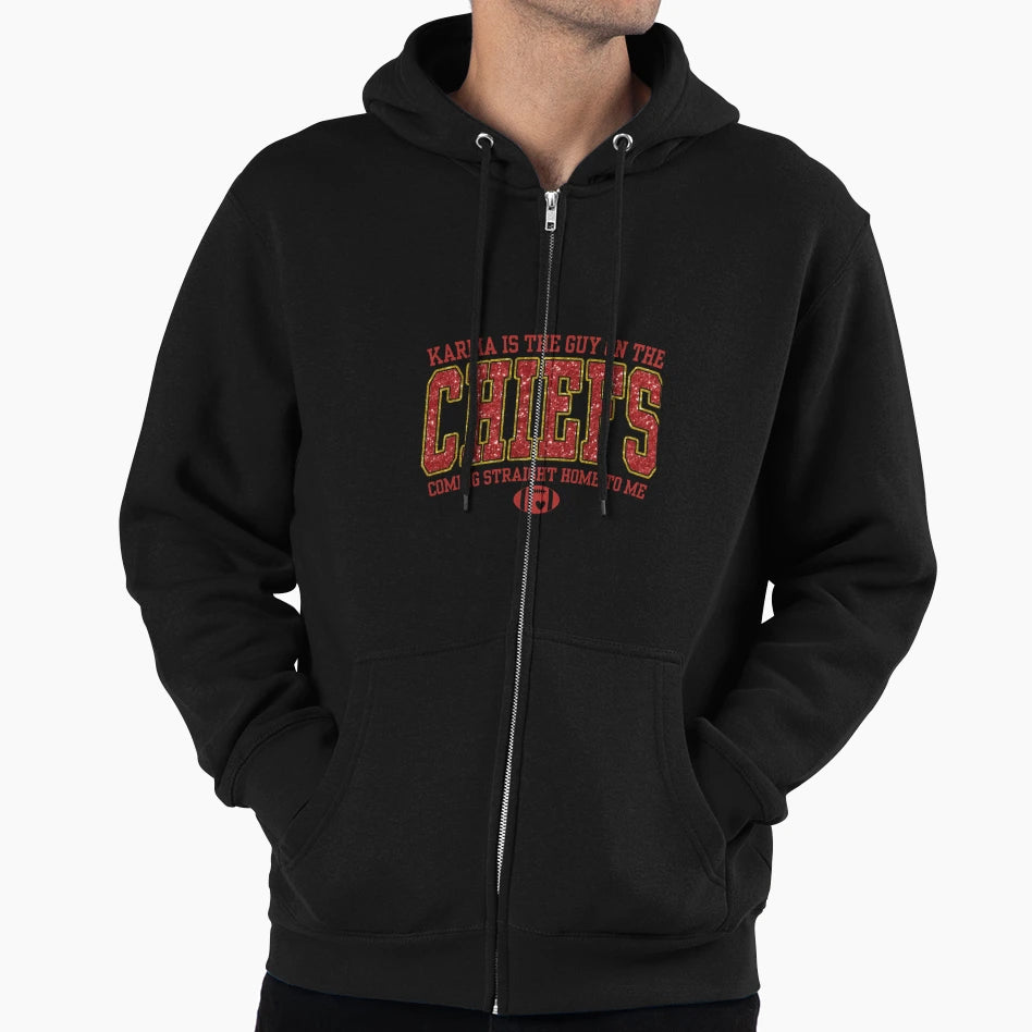 Karma Is Guy Chiefs Glitter Hoodie - Aesthetic Graphic for Adults - T-Shirt, Sweatshirt, Hoodie