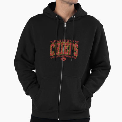 Karma Is Guy Chiefs Glitter Hoodie - Aesthetic Graphic for Adults - T-Shirt, Sweatshirt, Hoodie