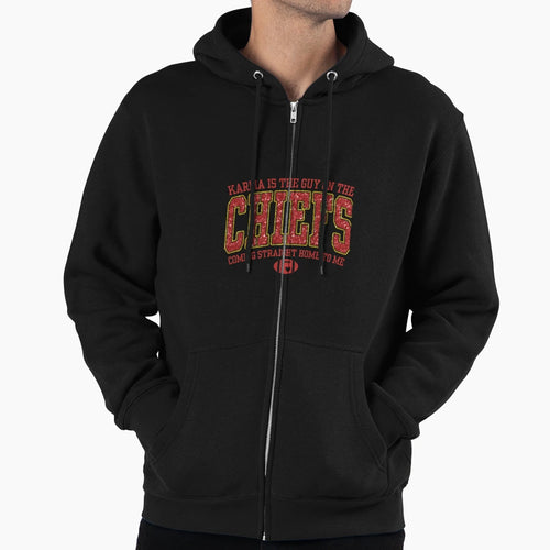 Karma Is Guy Chiefs Glitter Hoodie - Aesthetic Graphic for Adults - T-Shirt, Sweatshirt, Hoodie