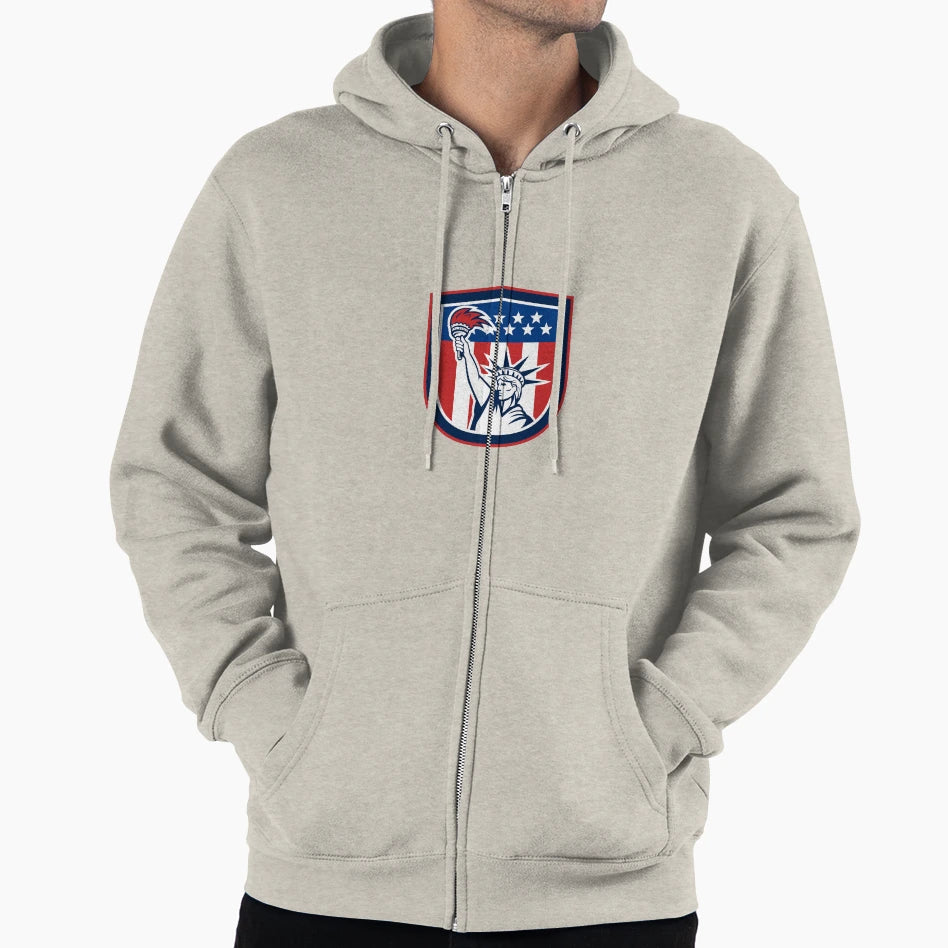 Statue Liberty Holding Flaming Torch Shield Hoodie - Unique Graphic Unisex - T-Shirt, Sweatshirt, Hoodie